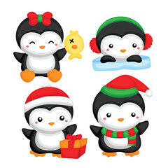 Cute Christmas Penguin Animal Winter Cartoon Holiday Illustration Vector Clipart Sticker Decoration Background