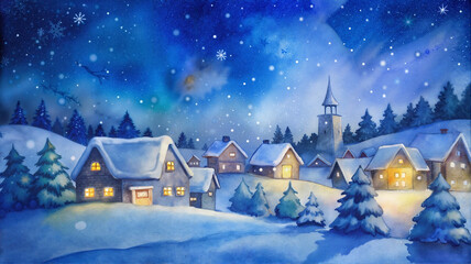 Winter village at night with glowing lights