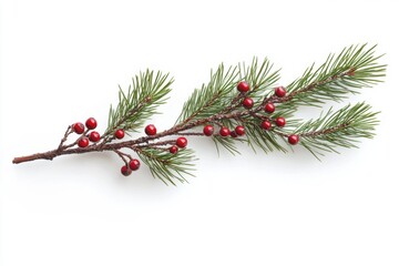 Minimalistic christmas theme with pine sprigs and red berries on white background
