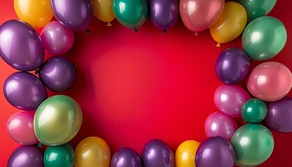 Obraz premium Birthday party background with rainbow border of colorful party balloons with streamers and confetti