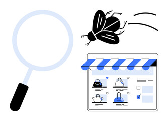 Magnifying glass and bug near an online store interface with various products. Ideal for e-commerce, website maintenance, bug fixing, programming, customer experience, quality control, online