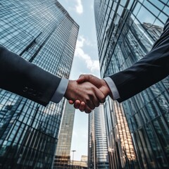 Business: A handshake between two professionals in front of a modern skyscraper.