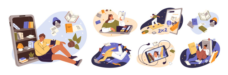 Online library and distance education concept set. People reading ebooks by phone app. Happy readers learning literature, study digital books by laptop. Flat isolated vector illustrations on white