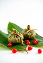 Fototapeta premium Herbal Poultices and Red Berries on Leaf