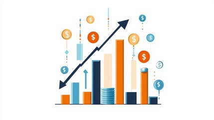 Minimalist vector illustration of a business growth chart with arrows pointing upwards, icons of coins and dollar signs, clean and modern style 