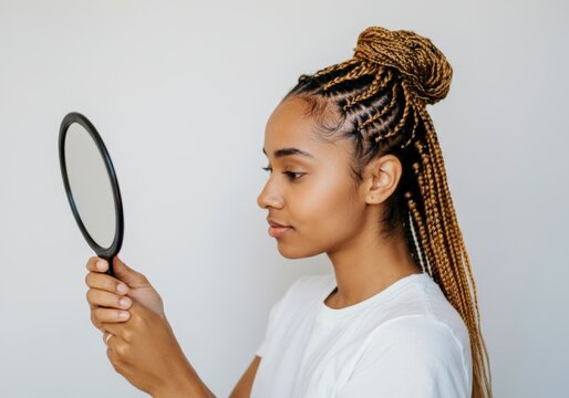 Young woman with braided hair looking in handheld mirror