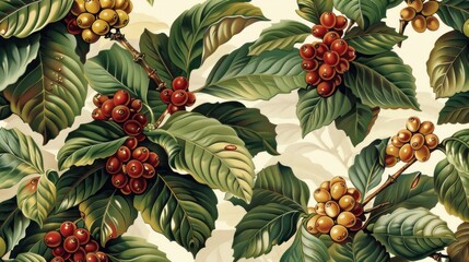 Obraz premium Lush coffee plant branches with ripe red and yellow berries and vibrant green leaves, seamless pattern.