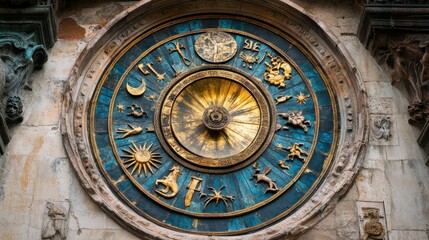 Obraz premium Ornate astronomical clock face with zodiac signs and symbols.