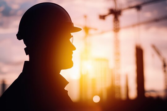 A silhouette of a construction worker in a hard hat against a sunset backdrop, with cranes and buildings in the background.
