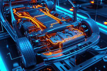 Fototapeta premium Power source for charging battery of beautiful electric car on road