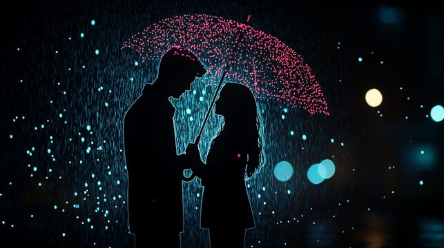 Silhouette of a couple under a glowing umbrella in the rain. - Powered by Adobe
