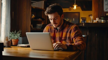 Handsome male freelancer using laptop at dining table while working from home