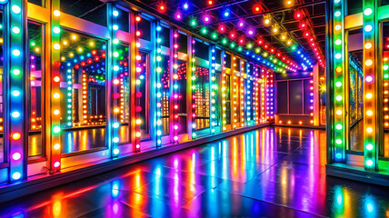 Obraz premium Vibrant hallway decorated with colorful Christmas lights