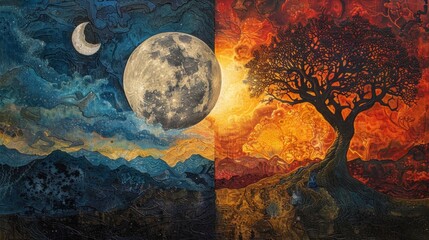 Dualistic moonlit and fiery landscape with tree.
