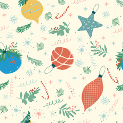Vintage Merry Christmas Seamless pattern with hand drawn Christmas ball for festive projects, invitations, wall posters, social media and for decorating your home, crafts and goods