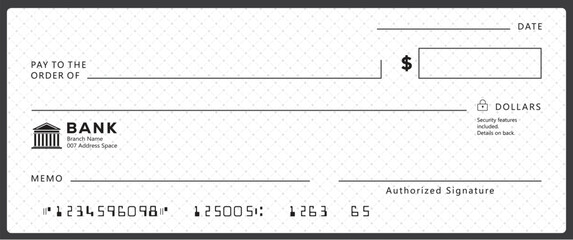 Bank check, vector blank money cheque, checkbook template with guilloche pattern and fields. Currency payment coupon, money check background
