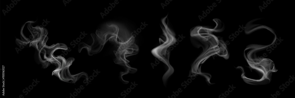 Wall mural smoke clouds set isolated on black background. vector realistic illustration of abstract steam effec