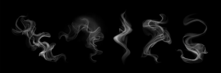 Smoke clouds set isolated on black background. Vector realistic illustration of abstract steam effect, hot dish or drink vapor, white fog or mist swirls, light smoky haze, hookah or cigarette trail © klyaksun