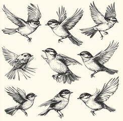 Fototapeta premium Hand-drawn sketch of birds in various poses on a white background