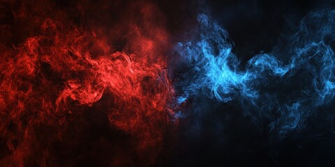 Fototapeta premium Fiery Red and Cool Blue Smoke Clash in Dark Abstract Background