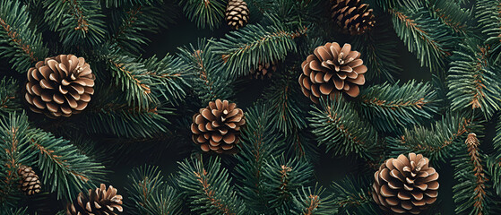 Fototapeta premium Close-up of green pine tree branches with small brown cones.
