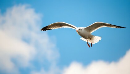 Fototapeta premium Experience the freedom of flight, watch white seagulls soaring in the embrace of blue sky.