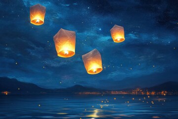 Floating Lanterns in the Night Sky Over Water with Stars