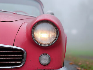 vintage sports car with headlights shining through fog creates nostalgic atmosphere
