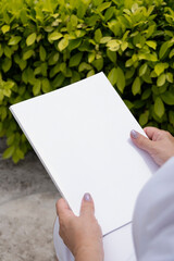 unrecognizable woman holding blank magazine for mockup design, sitting on bench