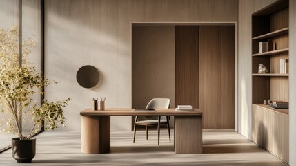 Modern home office with a minimalist design, featuring a wooden desk with decorative items, a chair, and potted plants. A doorway reveals a cozy adjoining room. Home decor. Template.