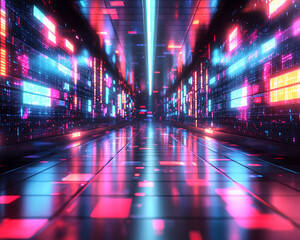 Futuristic ai-generated digital corridor virtual space technology concept neon environment perspective view innovation in ai