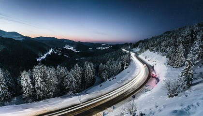 Night winter forest road