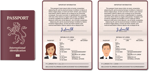 Passport cover. Male and female template, with photo. Editable vector illustration. Passport page template. Lorem ipsum text instead of real data.  International identity document.