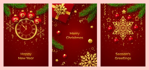 Christmas card set. Balls with numbers 2025. Watch with Roman numeral and countdown midnight, eve for New Year. Gift box, hanging gold snowflakes, stars, balls on red background. Vector illustration.
