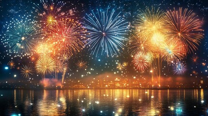 Vibrant fireworks display over calm water at night.