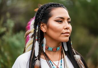 Fototapeta premium Young Native American woman with braided hair and traditional accessories outdoors