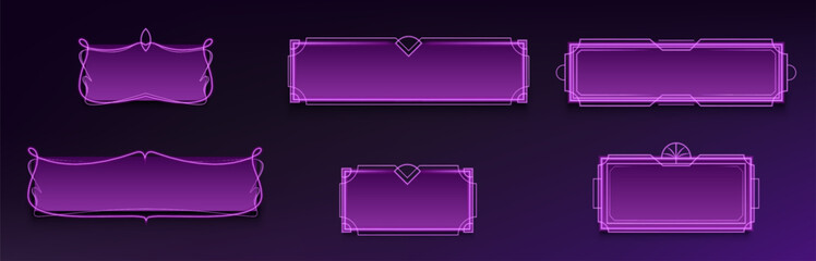 Purple classic frames set isolated on black background. Vector realistic illustration of blank rectangular borders with victorian style neon line ornament, game button, user interface design elements