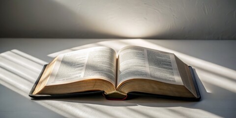 A Beautifully Detailed Close-Up of an Open Bible Isolated on a Pure White Background, Showcasing Intricate Textures and Pages for a Spiritual and Inspirational Stock Photo