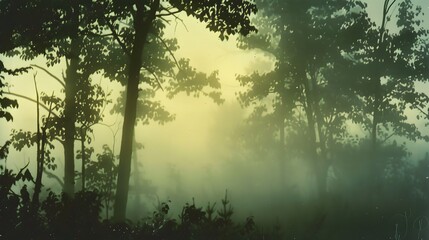 Naklejka premium Misty Forest Trees Shadows Light Green