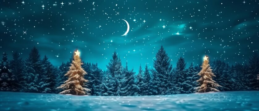 Winter night landscape snowy forest christmas theme starry sky tranquil environment serene viewpoint for holiday spirit
