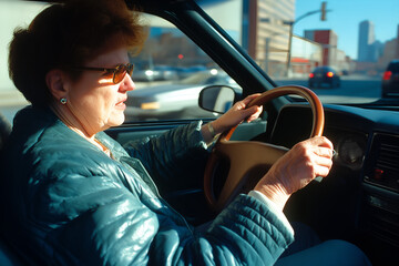 Naklejka premium Woman driving car with hands on steering wheel, getting a car accident.