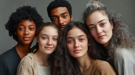 Obraz premium Six people of different ages and ethnicities stand close together in front of a gray backdrop, all smiling and looking directly at the camera