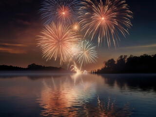 firework with reflection on the water surface in the night