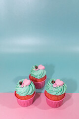 Cupcakes on a pink and mint color background. Pink cupcake with mint cream and pink heart