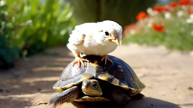 Small bird sitting on a turtle's back outdoors in a sunny garden