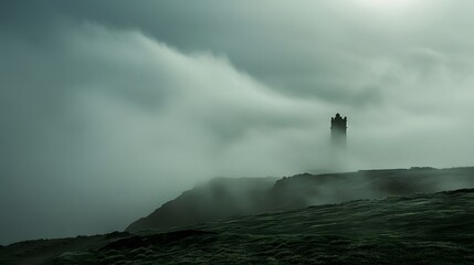 Lonely Tower in Misty Coastal Landscape