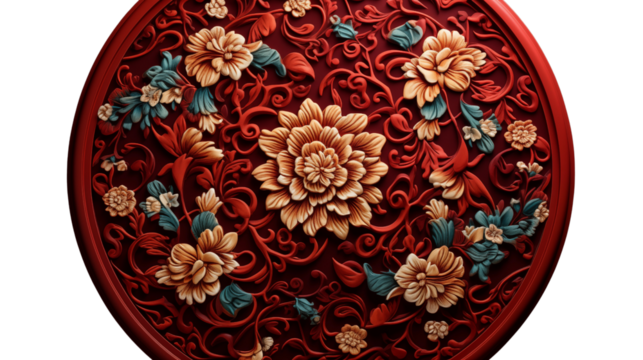 A round carpet with a rich red core, showcasing detailed floral and geometric patterns from a top view. Adds warmth and elegance to any room, isolated on transparent background.