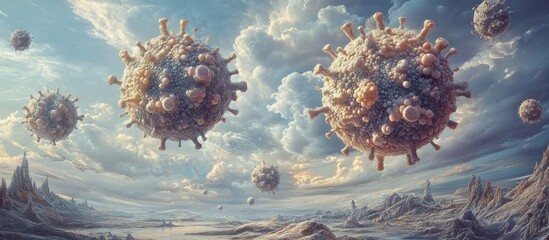 Surreal portrayal of a virus with floating spheres, dreamlike aesthetic