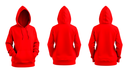 Red Hoodie Mockup Front Back and Side Views for Apparel Design and a classic hoodie style.