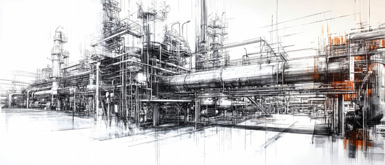 Obraz premium Modern industrial oil refinery with complex metal structures and intricate reflective details in a wide-angle view under soft lighting